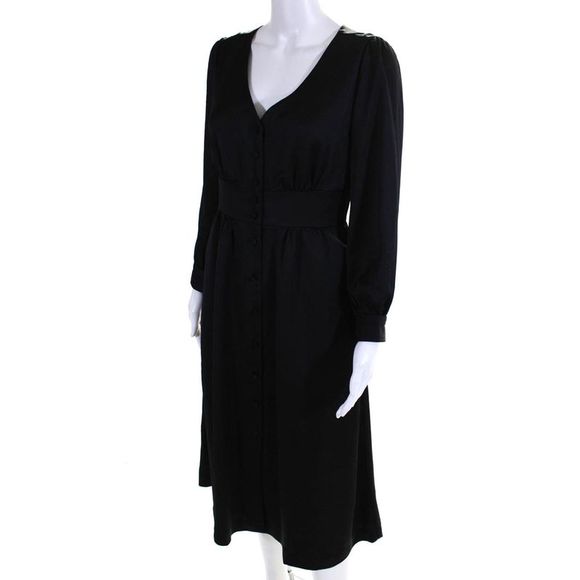 J Crew Womens V-Neck Long Sleeve Midi Button Down Shirt Dress Black Size 2 - Picture 2 of 6